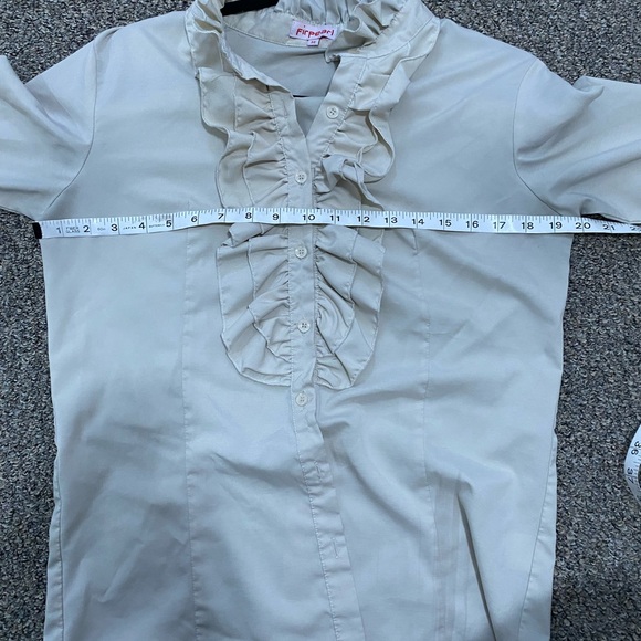 Ruffle Neck Vintage Style Blouse Cream Ivory Ruffly Wrist Button Down Up sm flaw - Picture 5 of 12